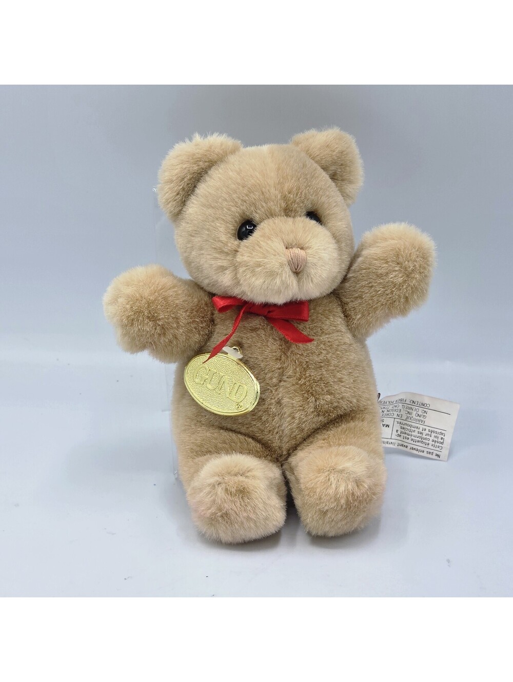 Vintage 1984 GUND Teddy Bear Plush Tan Red Bow Gold Medallion Made Korea